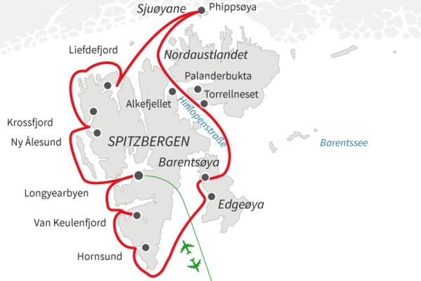 Reiseroute rund um Spitzbergen